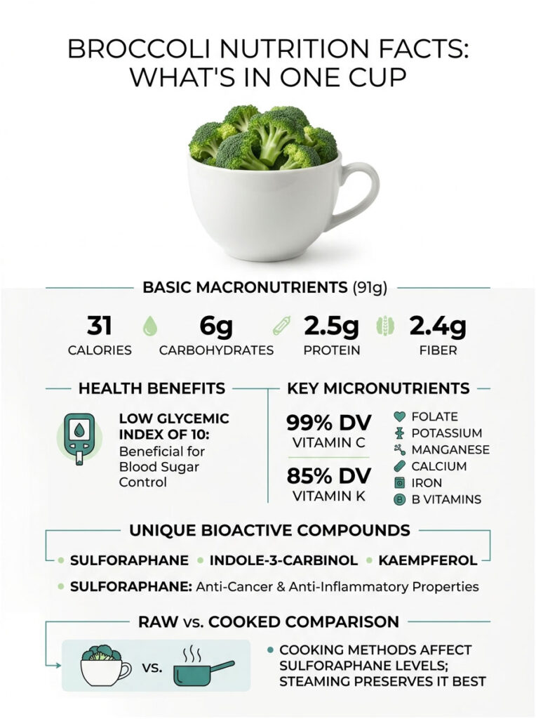 Broccoli nutrition facts infographic showing macronutrients, health benefits, and cooking comparison.