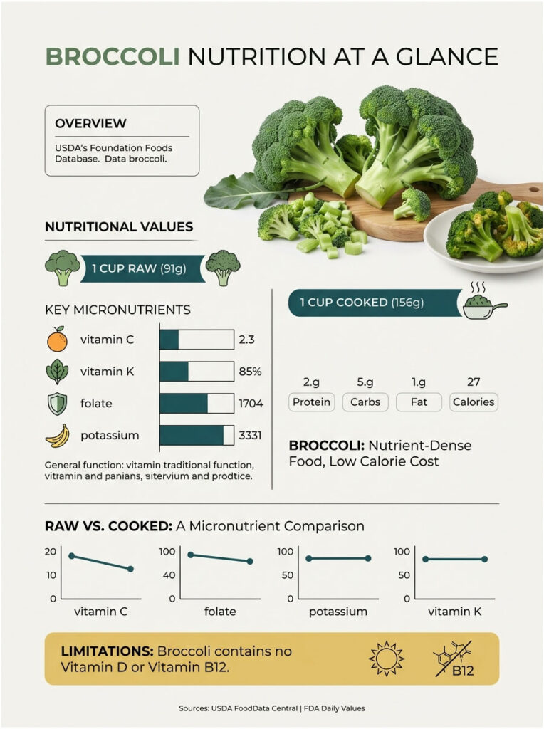 Infographic showing broccoli nutrition, including raw and cooked values, key micronutrients, and limitations.