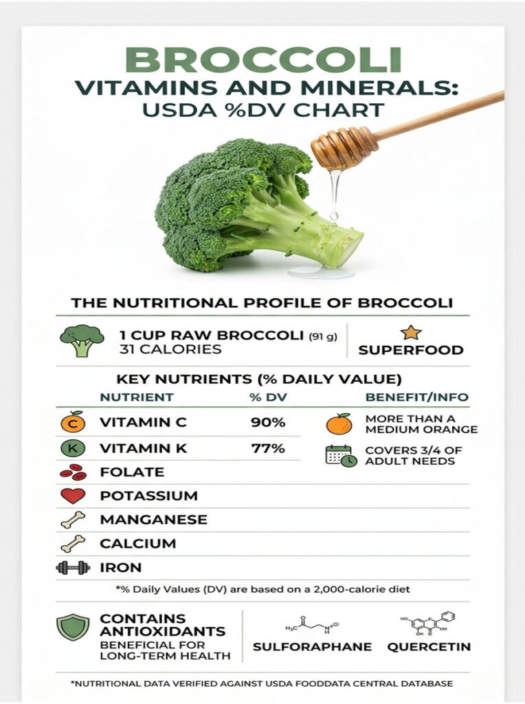 Broccoli nutritional profile infographic showing vitamins, minerals, and USDA %DV chart with icons and data.