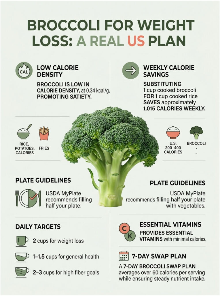 Broccoli infographic showing low calorie density, weekly savings, plate guidelines, and daily targets for weight loss.