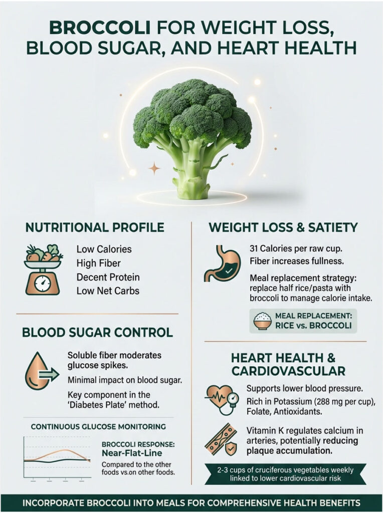 Broccoli infographic showing nutritional profile, weight loss benefits, blood sugar control, and heart health statistics.