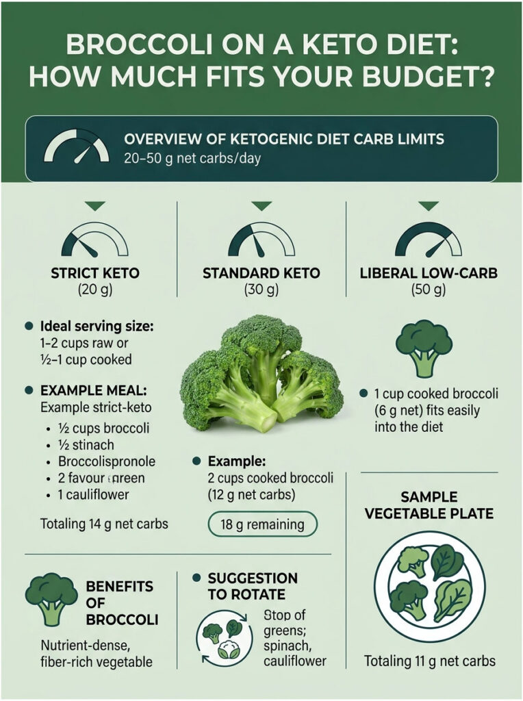 Infographic showing broccoli's fit in keto diets, with carb limits, serving sizes, and example meals.