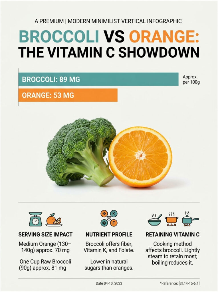 Infographic comparing vitamin C content in broccoli (89 mg) and orange (53 mg) with illustrations and data points.