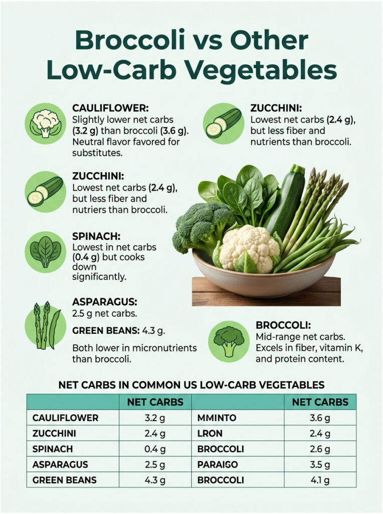 Infographic comparing net carbs in broccoli and other low-carb vegetables with illustrations and data points.