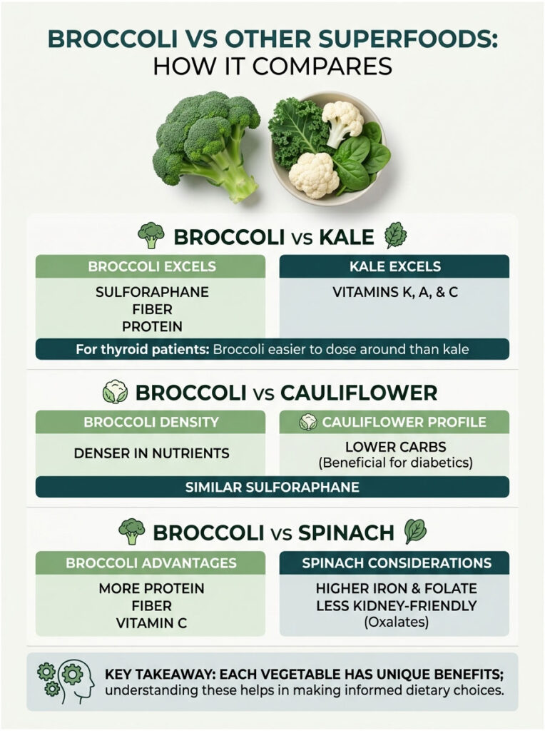 Infographic comparing broccoli with kale, cauliflower, and spinach on nutrients and health benefits.