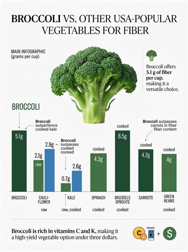 Broccoli infographic comparing fiber content in vegetables, showing 5.1g fiber per cup for broccoli.