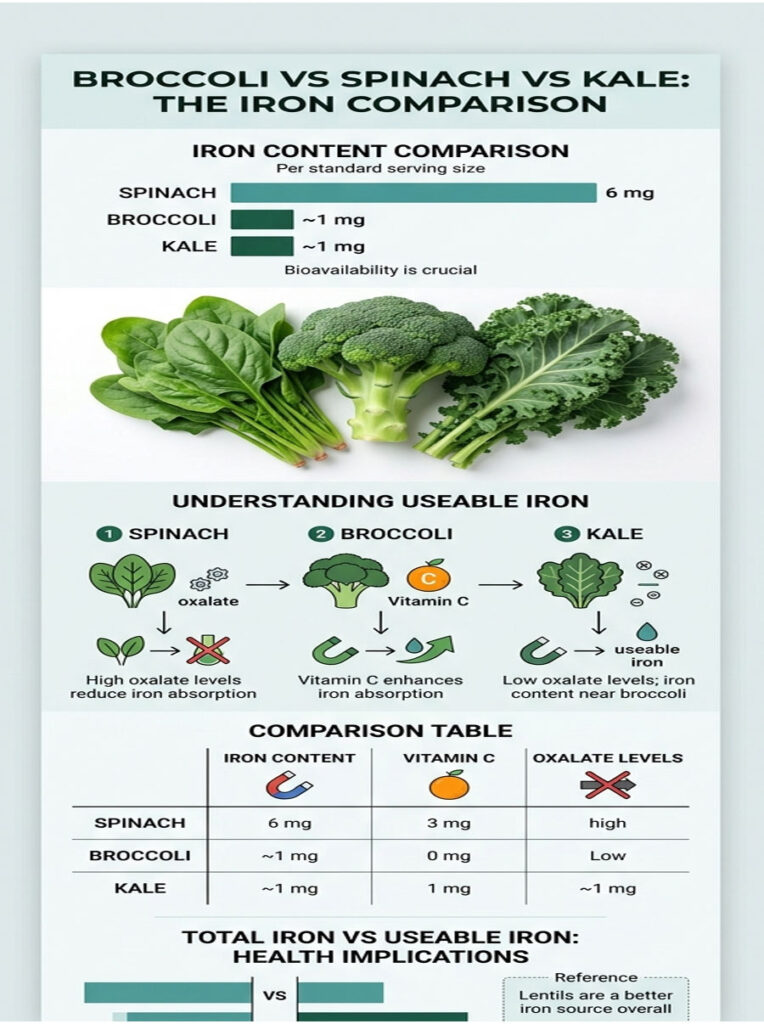 Infographic comparing iron content in spinach, broccoli, and kale, with charts and illustrations explaining absorption factors.