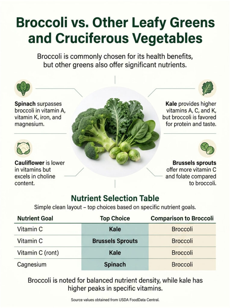 Infographic comparing broccoli with spinach, kale, cauliflower, and Brussels sprouts on nutrient content.