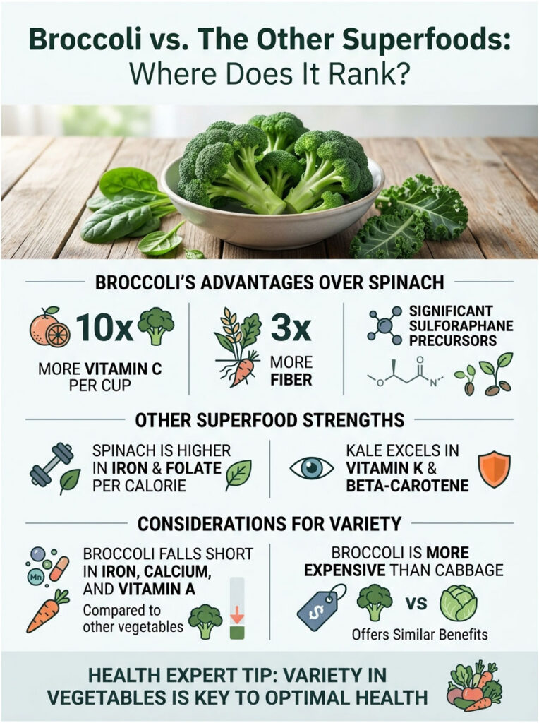 Broccoli compared to spinach and other superfoods, highlighting nutritional advantages and considerations. Infographic.