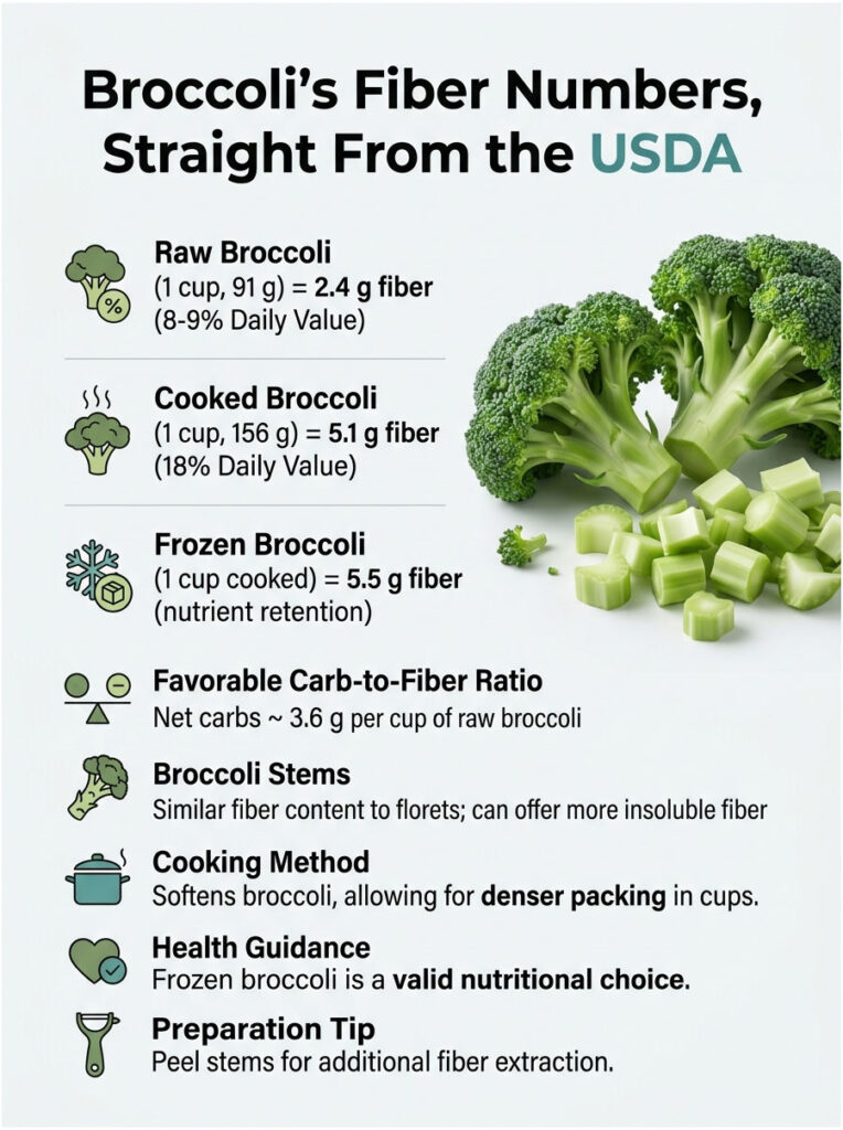 Infographic showing broccoli's fiber content: raw, cooked, frozen, and tips for preparation and health benefits.