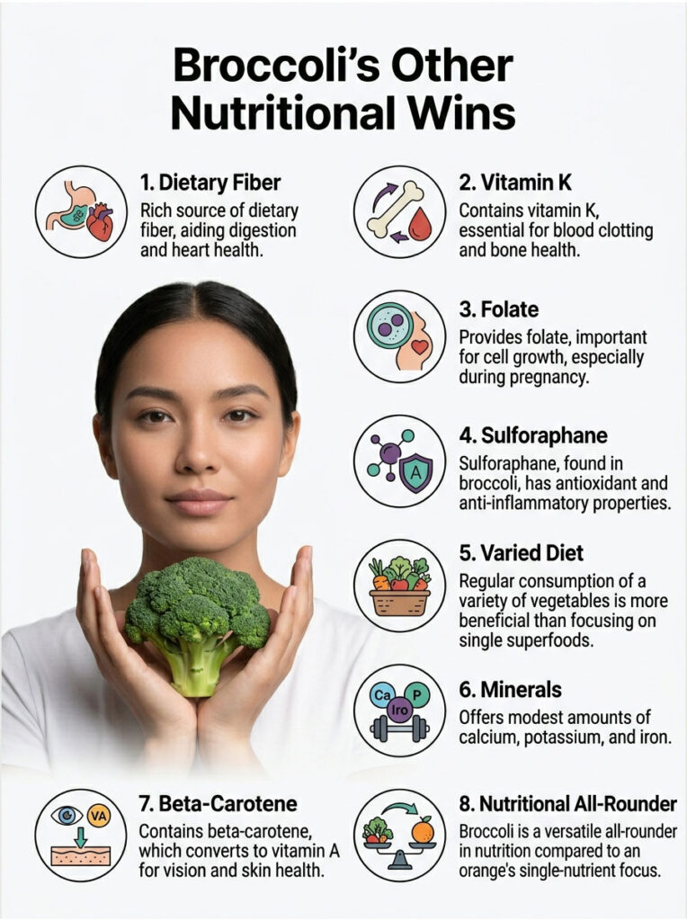 Woman holds broccoli, listing eight nutritional benefits including fiber, vitamins, and minerals in an infographic.