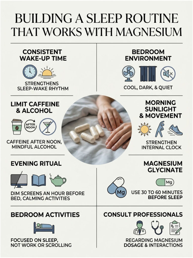 Infographic on building a sleep routine with magnesium, featuring tips and icons for sleep improvement.