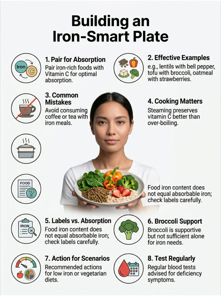 Infographic on building an iron-smart plate with tips, examples, and a woman holding a healthy meal.