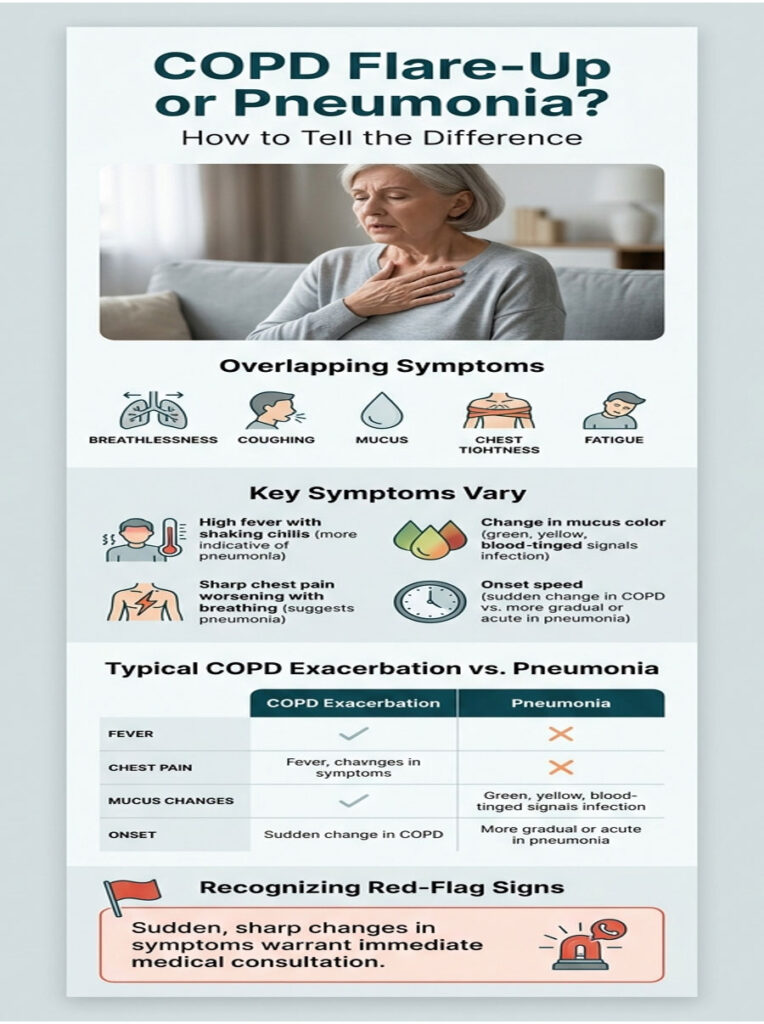 Infographic comparing COPD flare-ups and pneumonia symptoms, featuring icons and key data points.