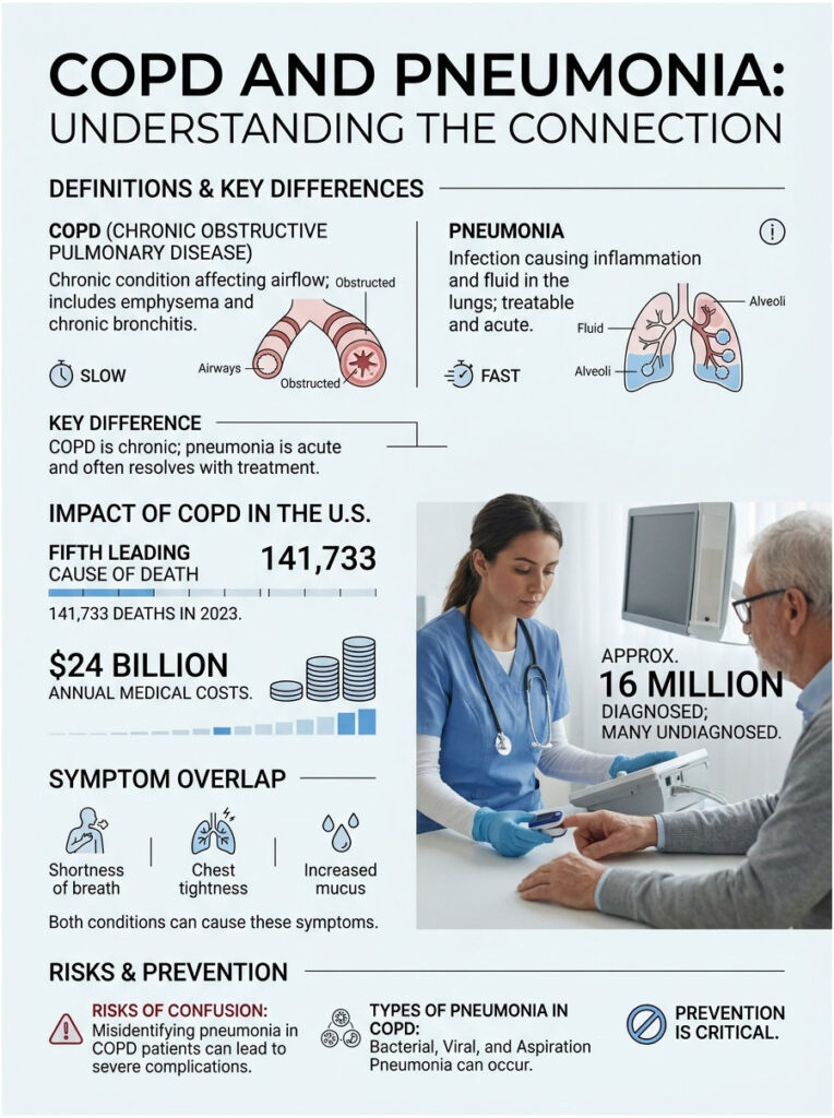 Infographic comparing COPD and pneumonia, detailing definitions, impact, symptoms, and prevention strategies.
