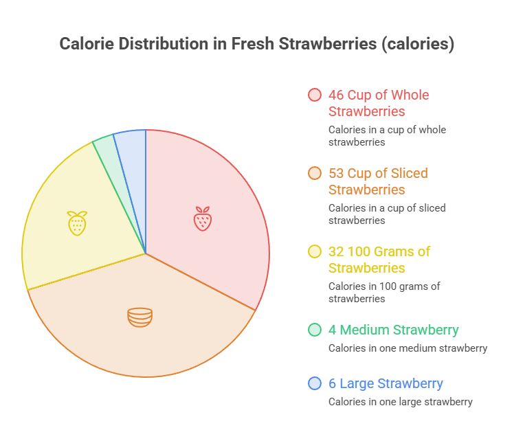 Pie chart showing calorie distribution in fresh strawberries with labels for whole, sliced, and medium strawberries. Infographic.