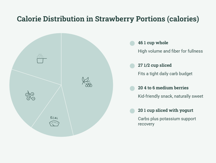 Pie chart showing calorie distribution in strawberry portions with text descriptions for each portion size.