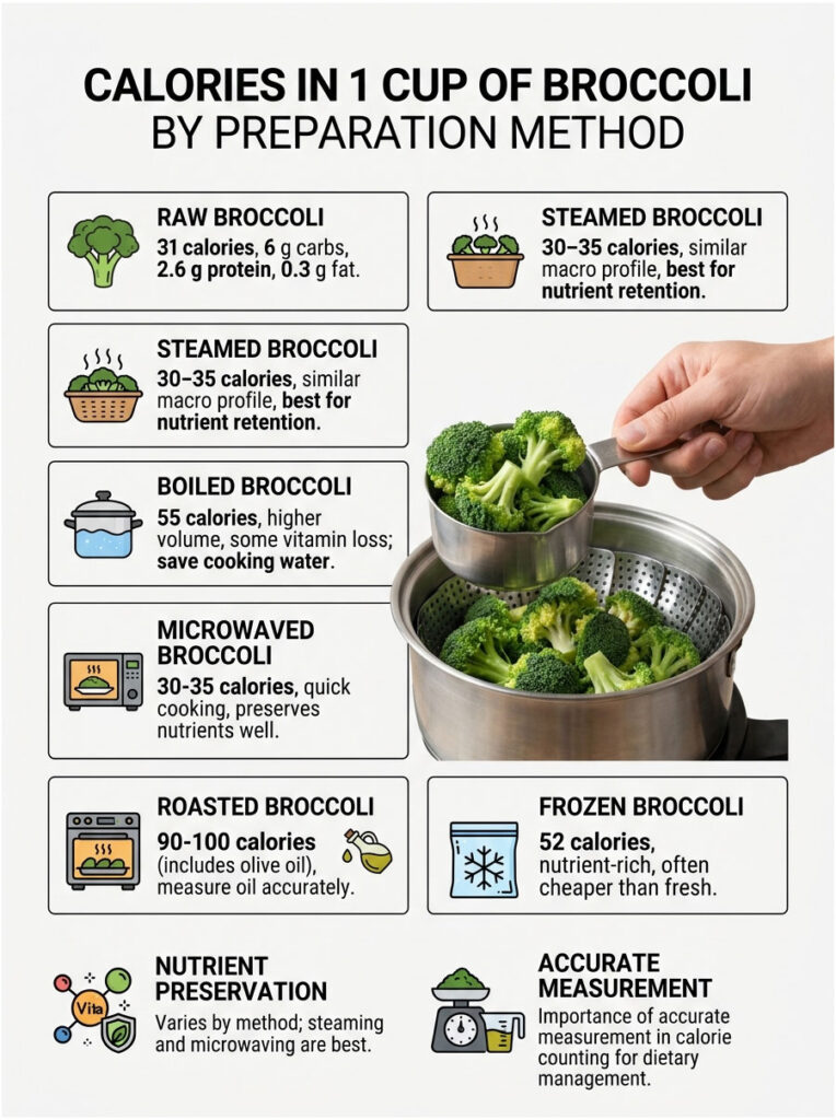 Infographic showing calories in 1 cup of broccoli by preparation method, including raw, steamed, boiled, microwaved, roasted, and frozen.