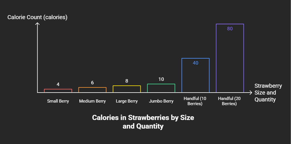 Bar graph showing calorie count in strawberries by size and quantity with labels for each category.