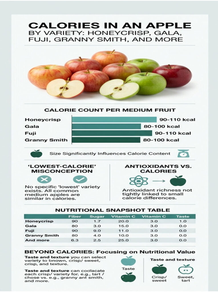Infographic showing calorie counts of various apple varieties, including Honeycrisp, Gala, Fuji, and Granny Smith.