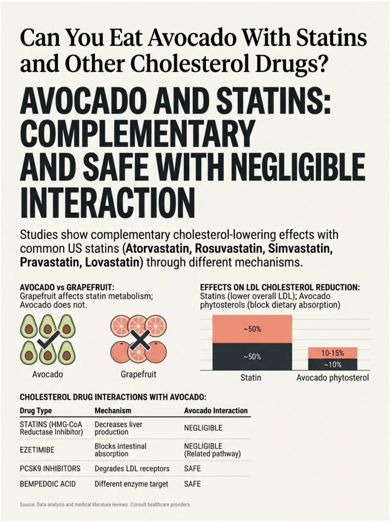 Infographic comparing avocado and grapefruit effects on statin metabolism, showing cholesterol reduction data and interactions.