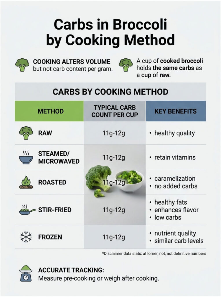 Infographic showing carb counts in broccoli by cooking method with benefits for each method.