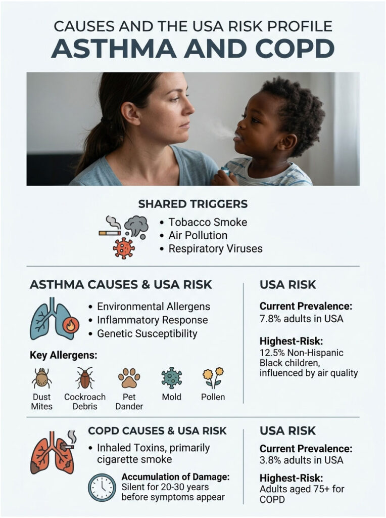Infographic showing asthma and COPD risk factors, shared triggers, and statistics on prevalence in the USA.