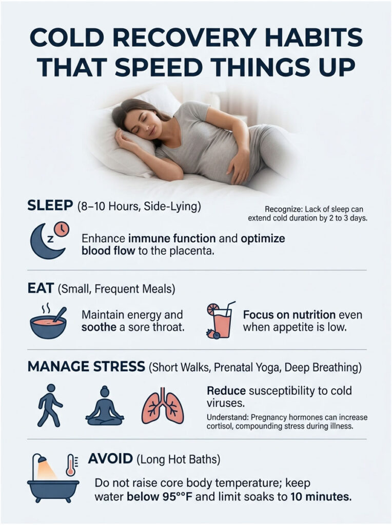 Infographic detailing cold recovery habits including sleep, eating, stress management, and avoidance tips.