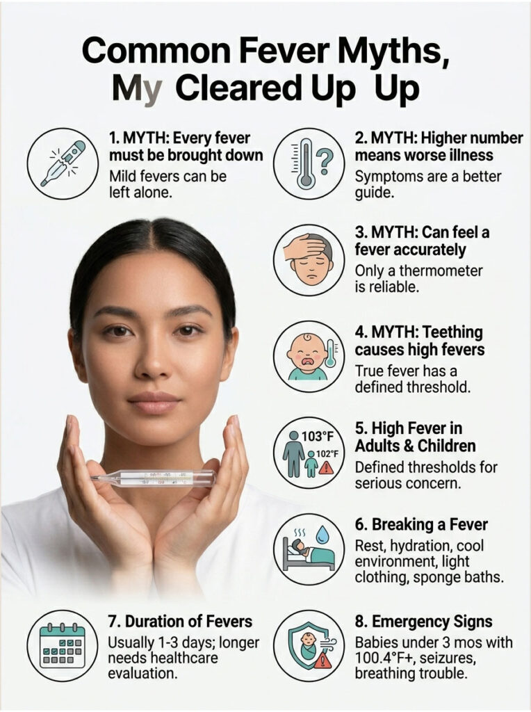 Woman holds a thermometer, debunking common fever myths with icons and text in an informative layout. Infographic.