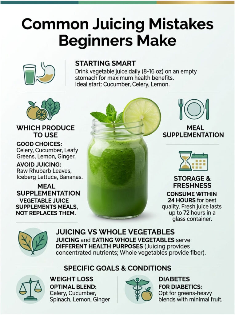 Infographic showing common juicing mistakes for beginners, including tips on produce and storage.