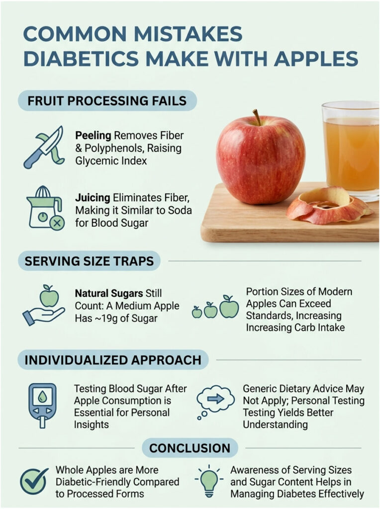 Infographic showing common mistakes diabetics make with apples, including fruit processing fails and serving size traps.