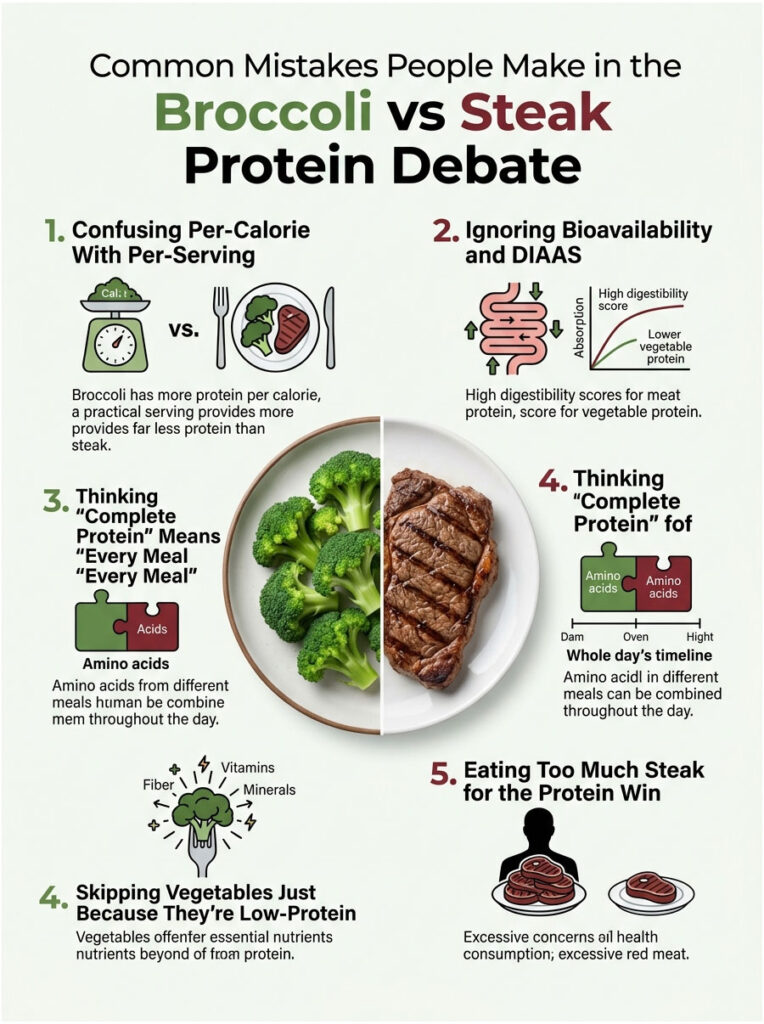Infographic comparing common mistakes in the Broccoli vs Steak protein debate, featuring charts and illustrations.