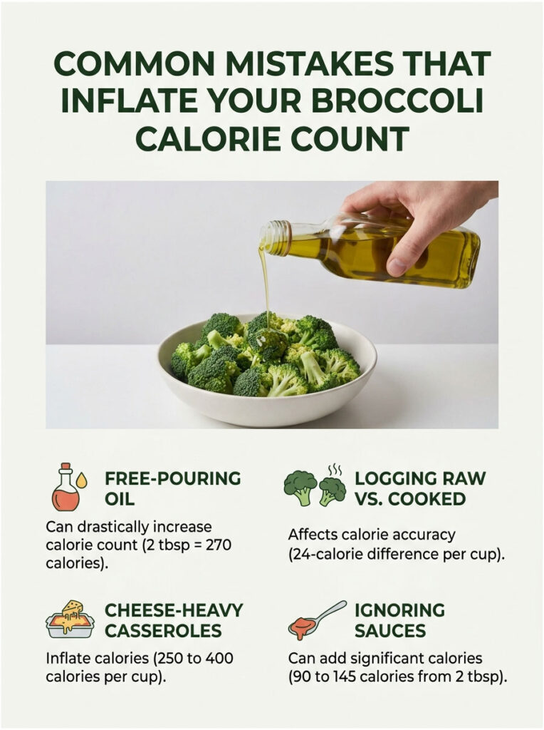 Infographic showing common mistakes that inflate broccoli calorie count, including free-pouring oil and cheese-heavy casseroles.