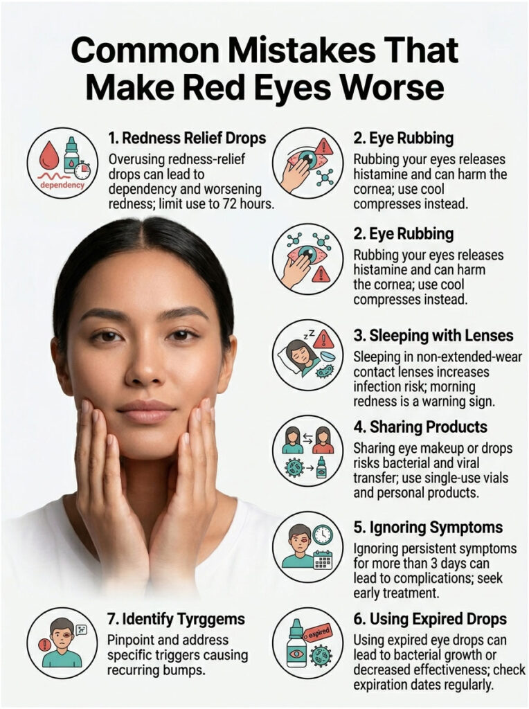 Infographic detailing common mistakes that worsen red eyes, including eye rubbing and using expired drops.