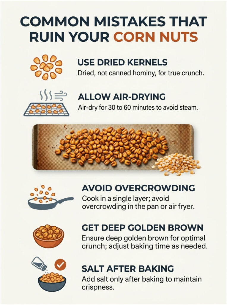Infographic showing common mistakes for making corn nuts, with tips and illustrations for each mistake.