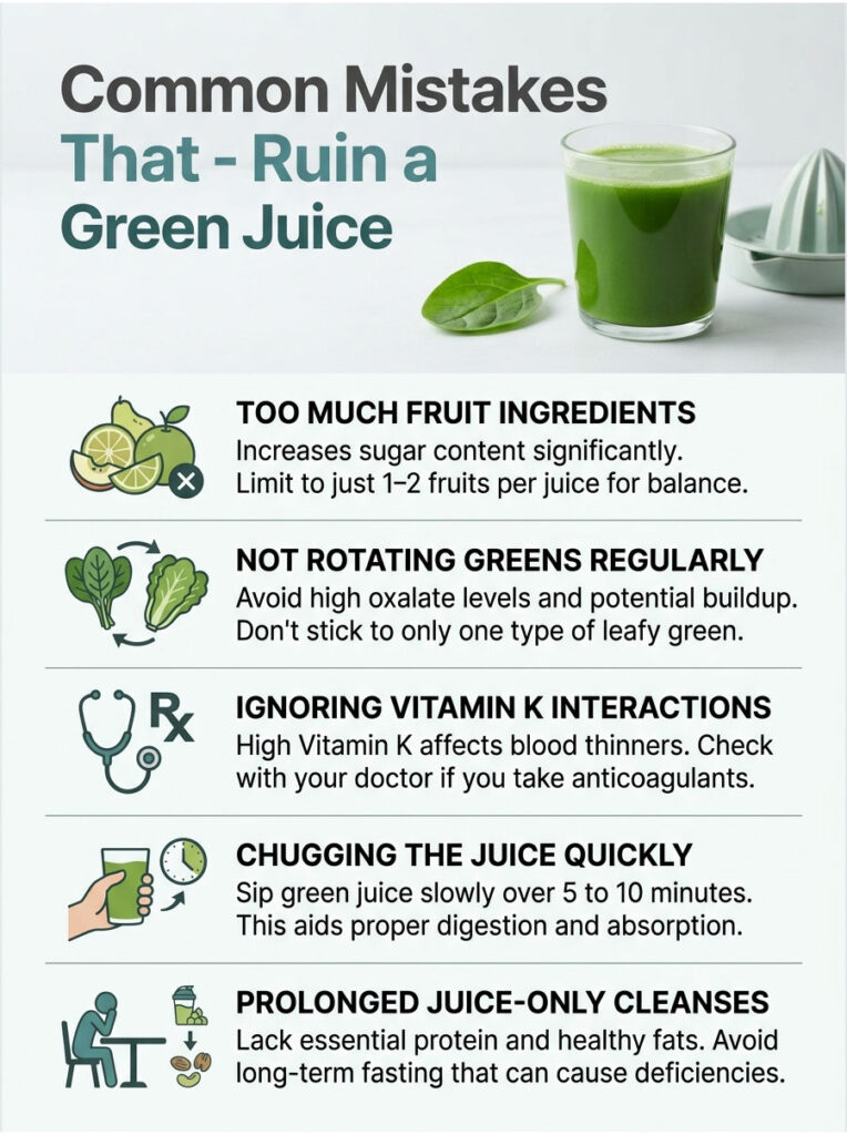 Infographic listing common mistakes that ruin a green juice, including too much fruit and not rotating greens.