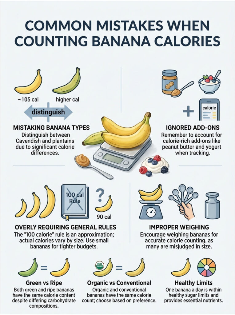 Infographic showing common mistakes in counting banana calories, including types, weighing, and add-ons.