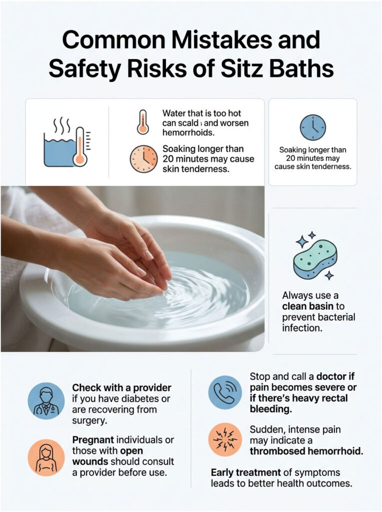 Infographic showing safety risks of sitz baths with icons and text about water temperature, soaking time, and health advice.