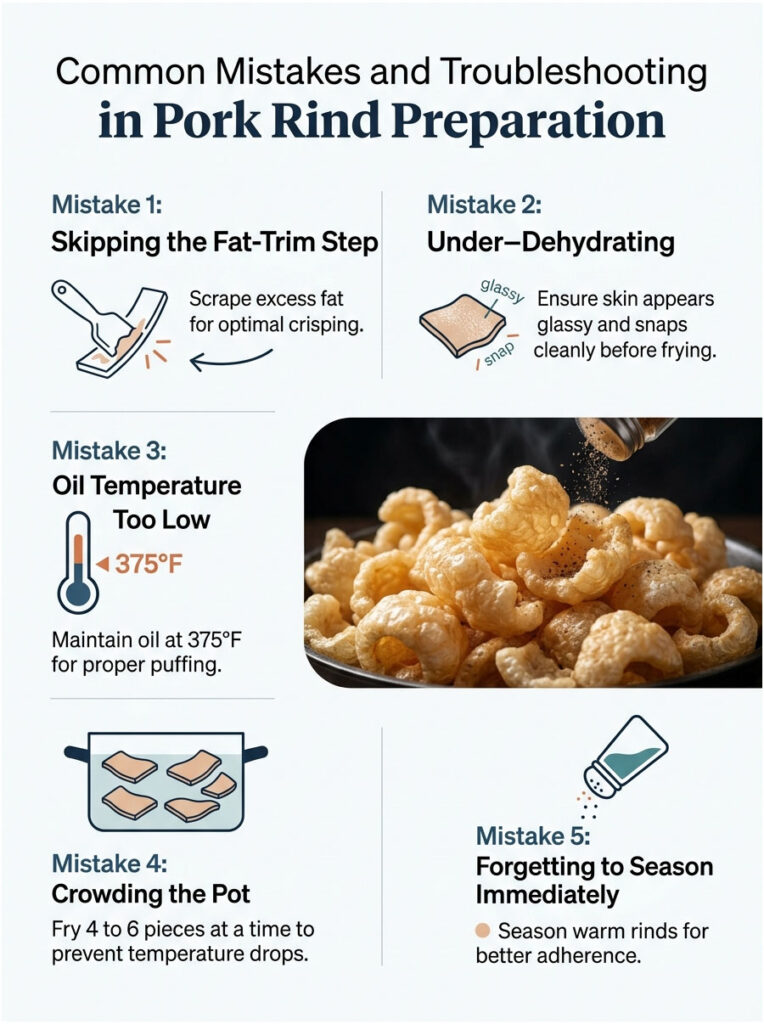 Infographic showing common mistakes in pork rind preparation with tips for each mistake.