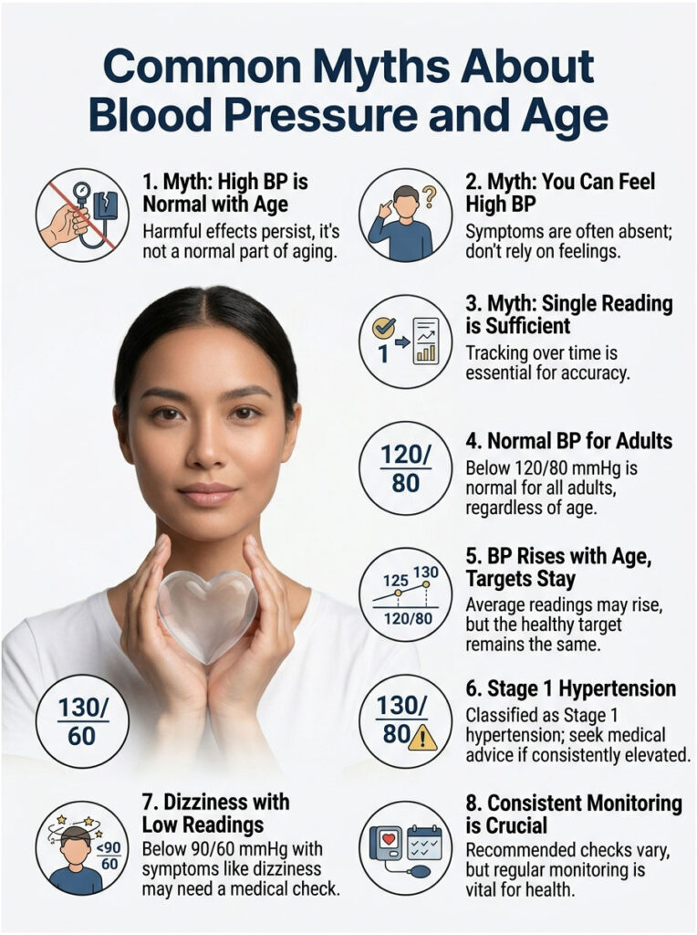 Infographic detailing myths about blood pressure and age, featuring a woman holding a heart symbol and various statistics.