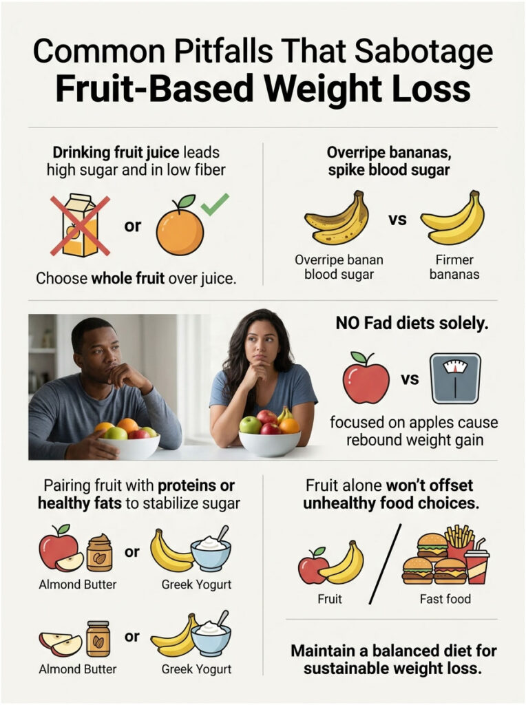 Infographic showing common pitfalls in fruit-based weight loss, including juice vs. whole fruit and pairing with proteins.