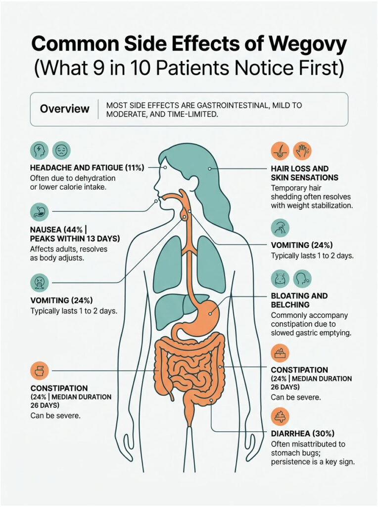 Infographic showing common side effects of Wegovy, including nausea, vomiting, and constipation statistics.
