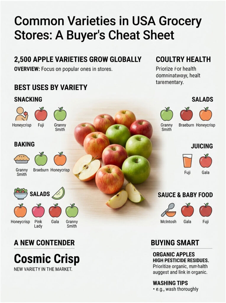 Infographic detailing common apple varieties in grocery stores with uses for snacking, baking, salads, and juicing.