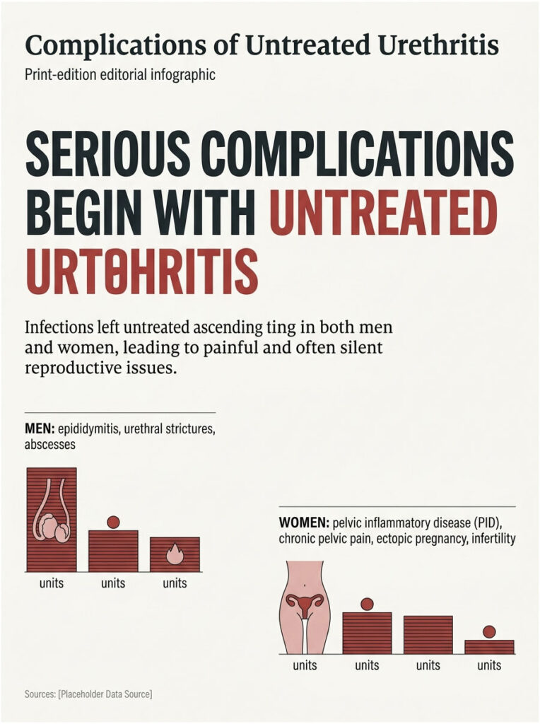 Infographic showing complications of untreated urethritis in men and women, including charts and icons.