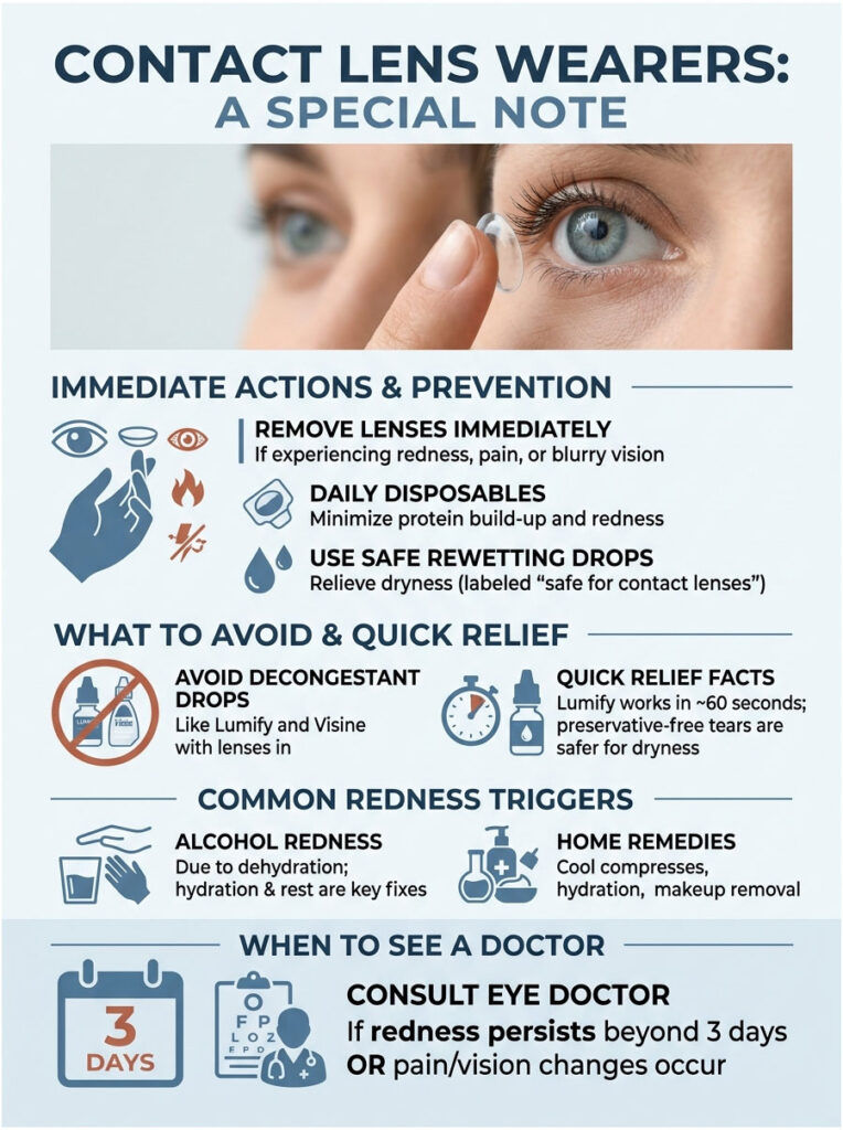 Infographic on contact lens wearers' care, detailing actions, prevention, and when to see a doctor.