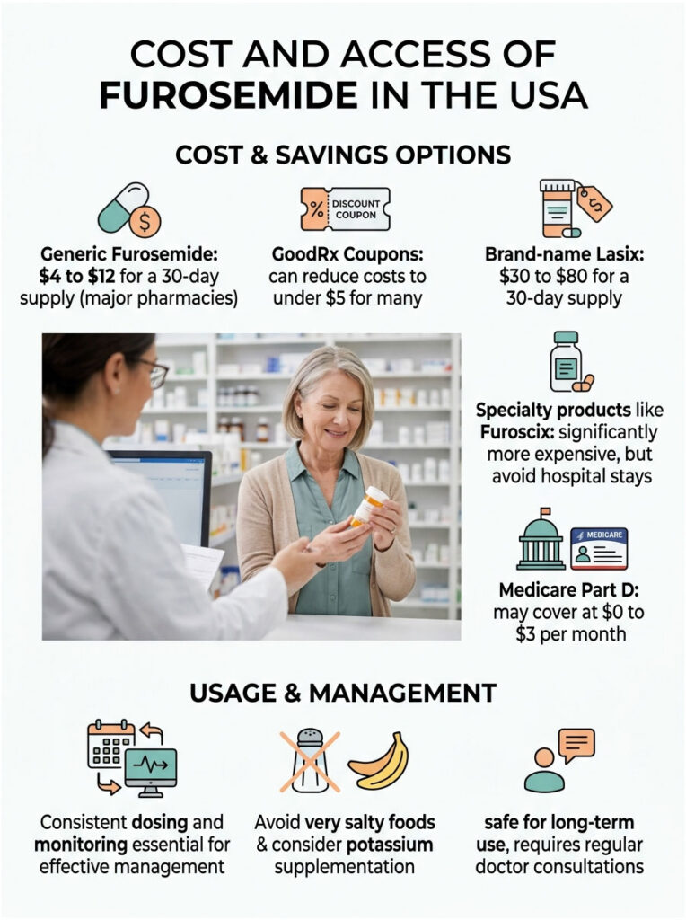 Infographic detailing cost and access of furosemide in the USA, showing pricing options and management tips.