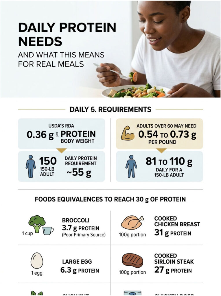 Infographic showing daily protein needs, requirements, and food equivalents for protein intake.