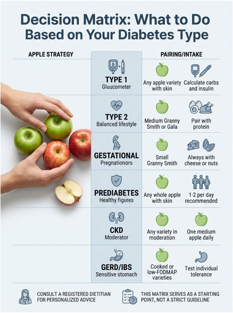 Infographic showing a decision matrix for diabetes types with apple strategies and pairing suggestions.