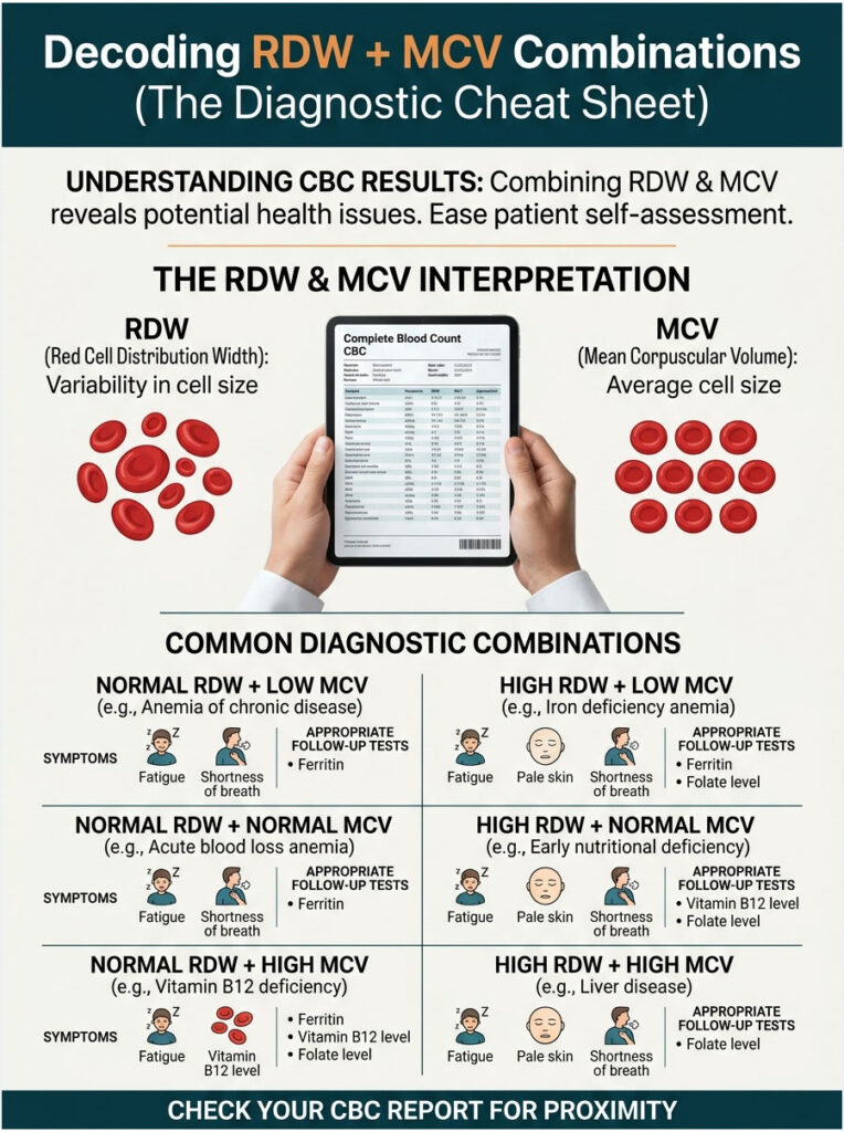 Infographic explaining RDW and MCV in CBC results with diagnostic combinations and symptoms.