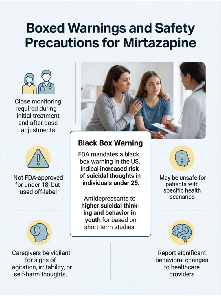 Infographic detailing boxed warnings and safety precautions for Mirtazapine, including black box warning and caregiver advice.